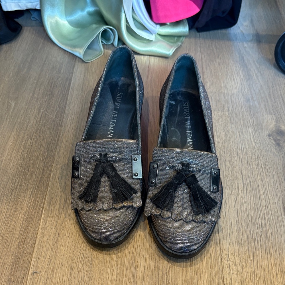 Stuart Weitzman Metallic Loafers with Tassel Detail